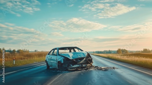 Abandoned damaged car on empty highway in the countryside with blue sky and clouds, highlighting roadside emergency situation and rural landscape.