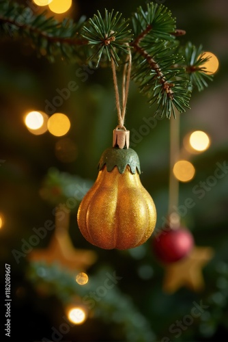 Golden pumpkin shaped christmas ornament hanging on a christmas tree with lights