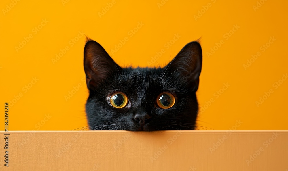 Curious black cat looking across table, yellow background., Generative AI