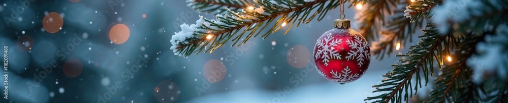 Frosty glass ornaments hanging from a Christmas tree branch, winter, festive Frosty glass ornaments hanging from a Christmas tree branch, winter, festive