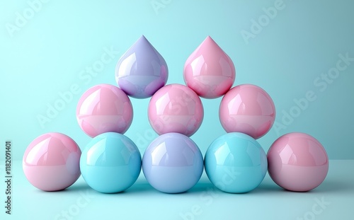 Pink spheres ascending on a bar graph of blue spheres against a blue backdrop, embodying an abstract modern minimal theme of success, growth, progress, or achievement photo