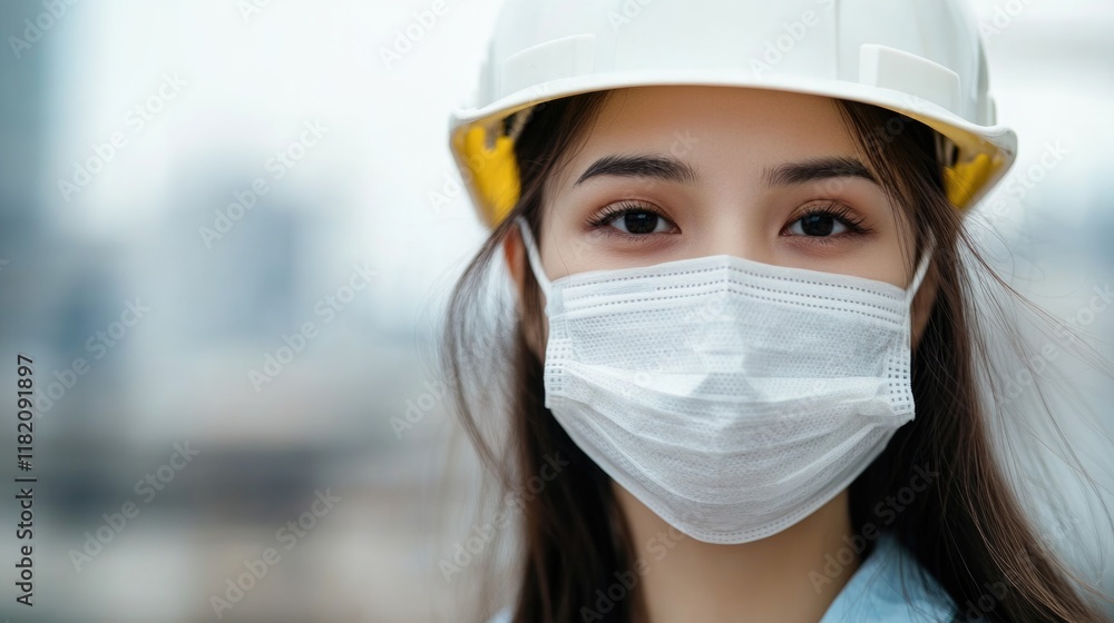 Female factory worker wearing white uniform and hardhat applying face mask in industrial production plant with blurred cityscape background in cool tones Female factory worker wearing white uniform and hardhat applying face mask in industrial production plant with blurred cityscape background in cool tones