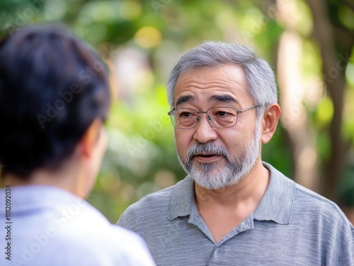 Seniors Discussing Healthcare with Medical Professional in Lush Green Park, Soft Natural Lighting, Close-up Focus on Elderly Man with Gray Facial Hair