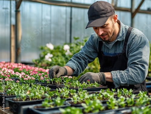 Senior male horticulturist in a greenhouse inspecting vibrant young pot primrose seedlings while wearing gloves in a lush floral setting, sharp focus on plants, natural light.