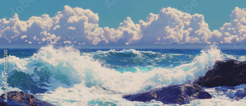 Waves crashing against rocks along a vast blue ocean horizon under a clear sky