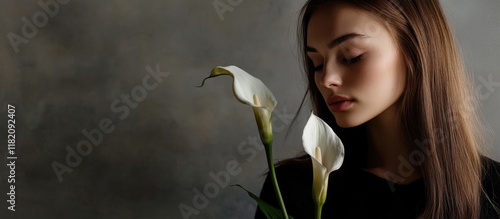 Melancholic woman with calla lilies against a muted grey background evoking mourning and reflection, ideal for funeral and memorial themes. photo