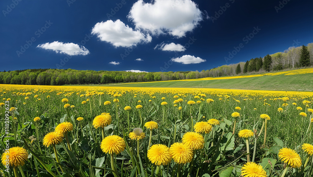 Fototapeta premium Blooming dandelion field under a cloudy blue sky in spring
