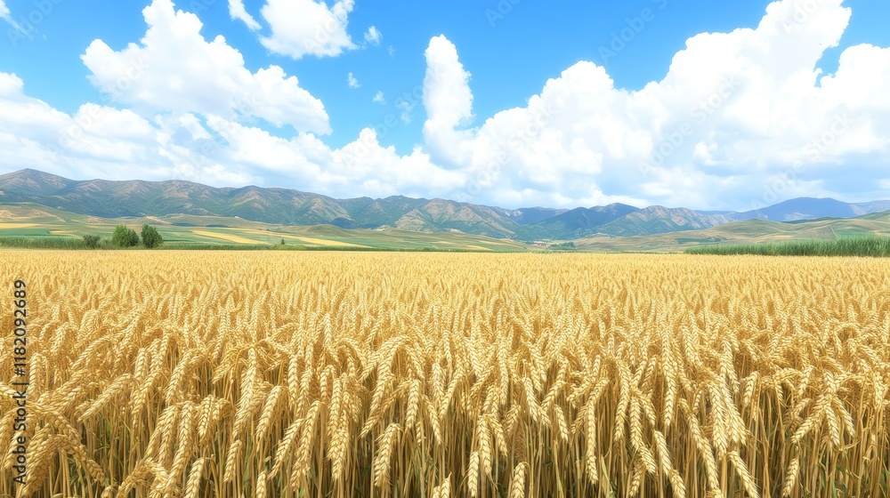 Fototapeta premium Golden Wheat Field Under Sunny Sky and Mountains