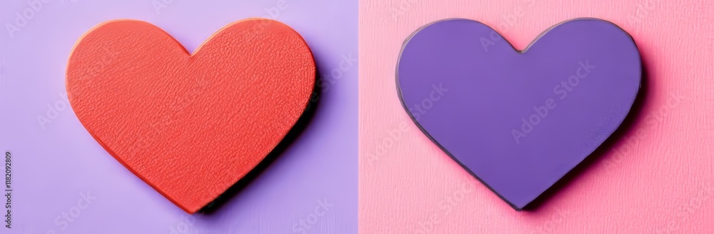 Fototapeta premium Two melting chocolate hearts with heart-shaped bokeh in the foreground, set against a romantic red background, symbolizing Valentine's Day