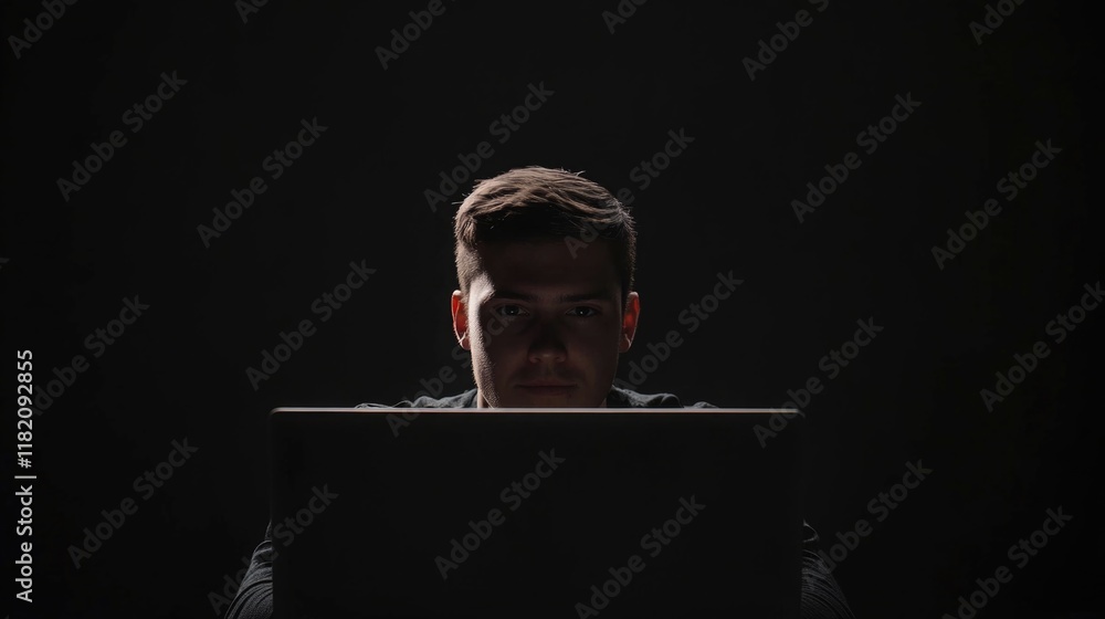 Young male graphic designer focused on laptop in dark studio, illuminated screens reflecting creativity, modern workspace, silhouette effect. Young male graphic designer focused on laptop in dark studio, illuminated screens reflecting creativity, modern workspace, silhouette effect.