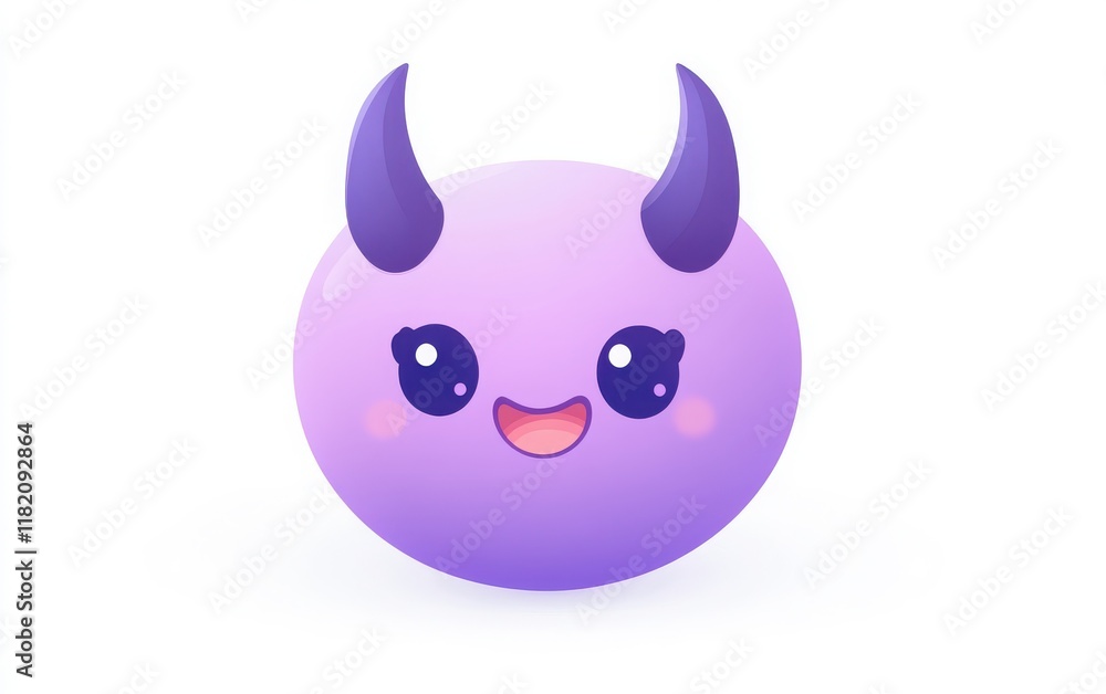 Obraz premium Vector illustration of a cute purple emoji with devil horns, on a white background, simple design, high resolution, digital rendering, macro lens effect. 