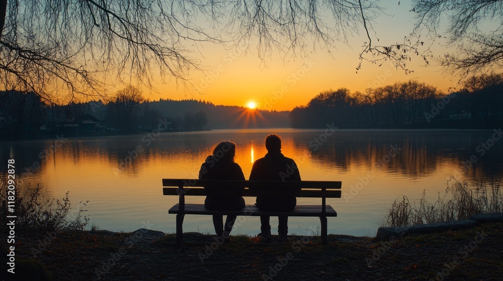 Two individuals share a peaceful moment on a bench, gazing at the golden hues of sunset reflecting on the calm waters of a picturesque lake. The scene exudes tranquility Two individuals share a peaceful moment on a bench, gazing at the golden hues of sunset reflecting on the calm waters of a picturesque lake. The scene exudes tranquility