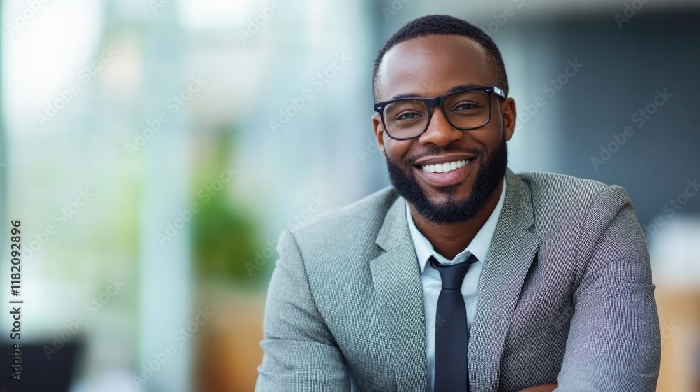 Fototapeta premium Young African American businessman in gray suit smiling confidently in modern office with natural light and blurred background, showcasing professional atmosphere.