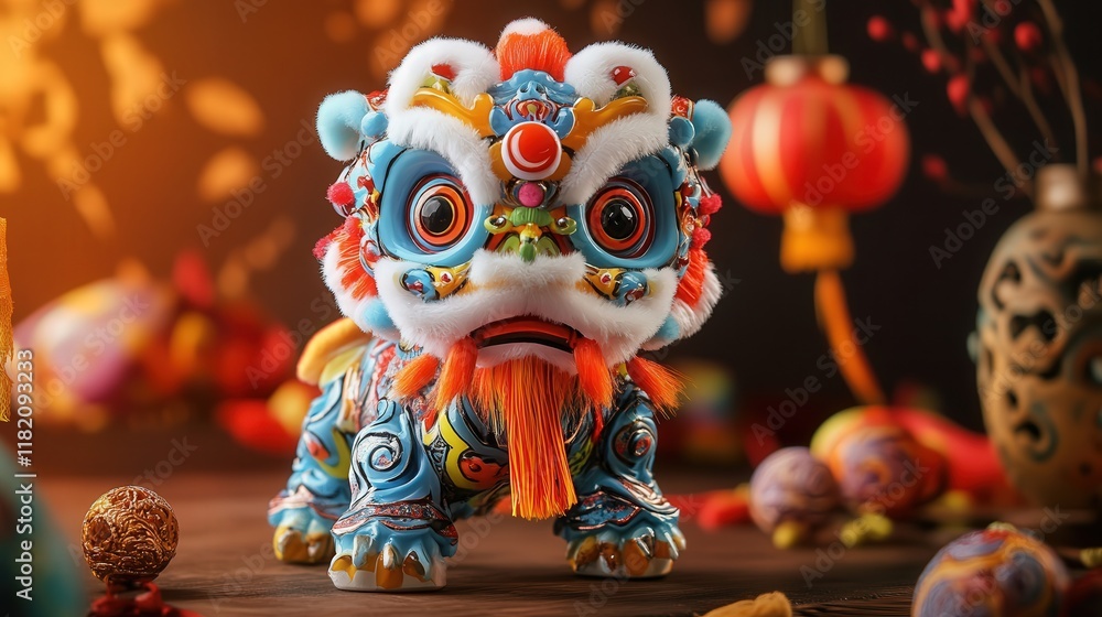lion dance with colorful tassels and intricate patterns, surrounded by Chinese New Year decorations lion dance with colorful tassels and intricate patterns, surrounded by Chinese New Year decorations