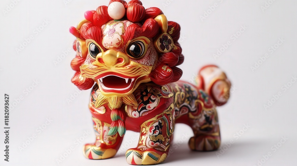toy lion with red and gold hues, featuring traditional Chinese motifs and a movable mouth for the New Year. toy lion with red and gold hues, featuring traditional Chinese motifs and a movable mouth for the New Year.