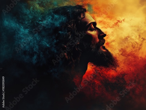 A dramatic profile of a man surrounded by colorful smoke, evoking emotion and creativity.