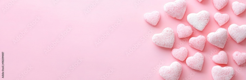 Obraz premium Beautiful flat lay of shiny silver and candy pink heart sprinkles on a cake, with room for copy, suitable for a feminine blogger or Valentine's Day-themed blog post. Long banner mockup