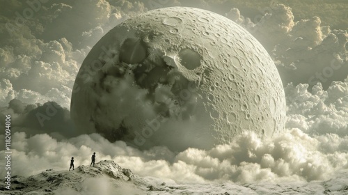 Beneath a majestic celestial body, two silhouettes stand on a ridge, gazing in wonder at the enormous moon casting a serene glow over the fluffy clouds, painting the sky