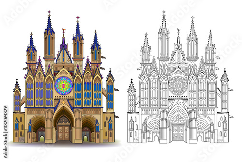 Fantasy illustration of an old charming French church with stained glass windows. Colorful and black and white page for coloring book. Printable hand drawn vector. Worksheet for drawing and coloring.