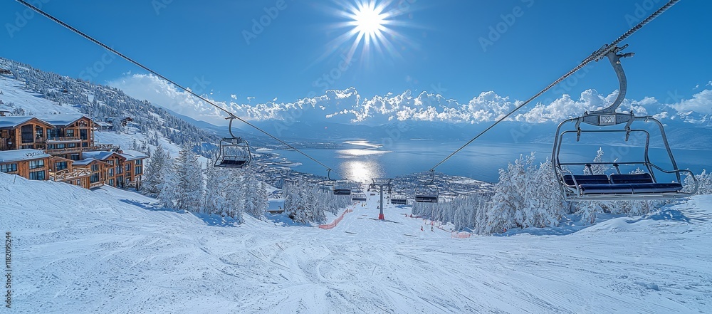 Sunny ski slope with chairlifts, snow-covered trees, and lake view. Sunny ski slope with chairlifts, snow-covered trees, and lake view.