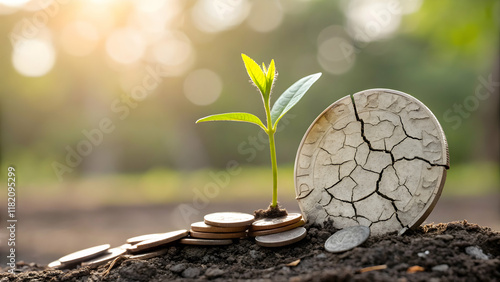 Growth and Prosperity Concept with Coins and Seedling on Soil photo