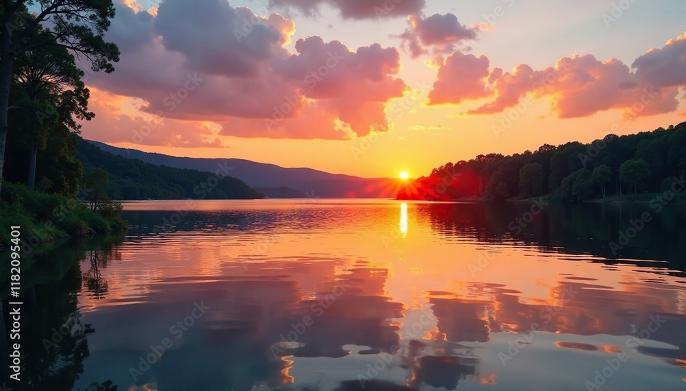 Obraz premium Gentle ripples on mirrored lake surface at sunset with surrounding greenery, reflection, landscape