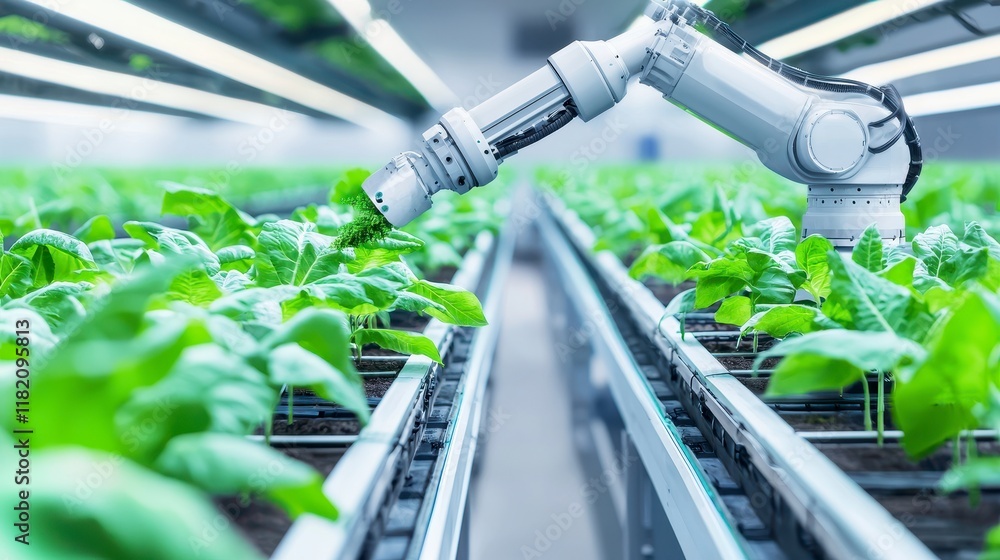 Automated agriculture indoor farming facility robotic technology controlled environment close-up view innovation in crop growth Automated agriculture indoor farming facility robotic technology controlled environment close-up view innovation in crop growth