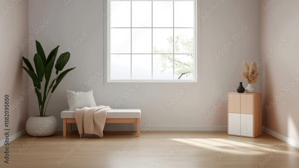Fototapeta premium Minimalist room with a bench, plant, and light from a large window.