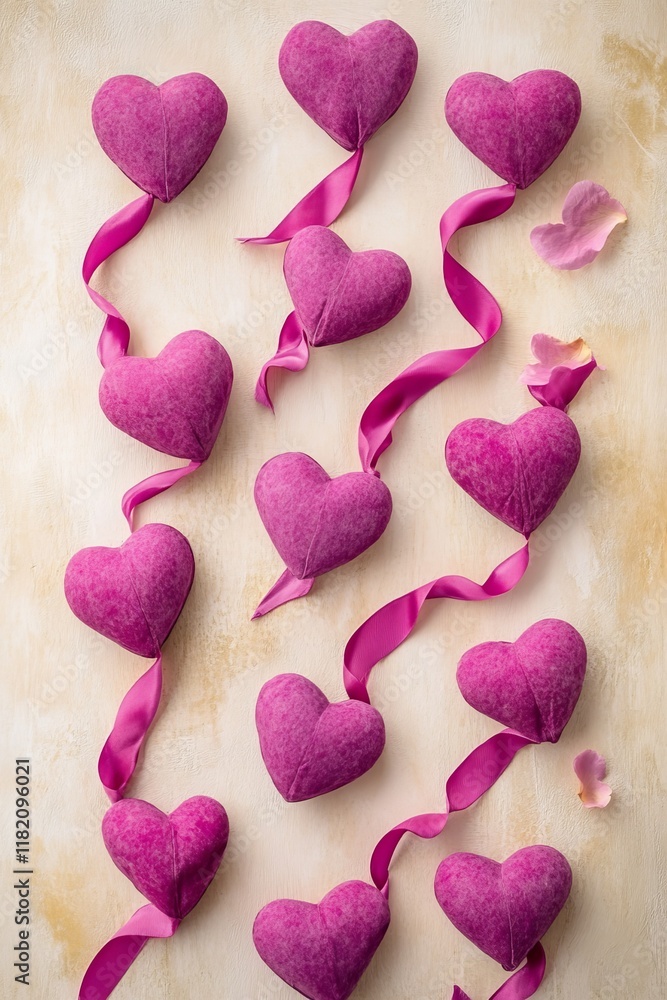 Fototapeta premium Ribbon hearts on a soft pastel background, enhanced with light pink sparkles in a flat lay arrangement, making them a charming choice for romantic mobile wallpapers, stories background templates,