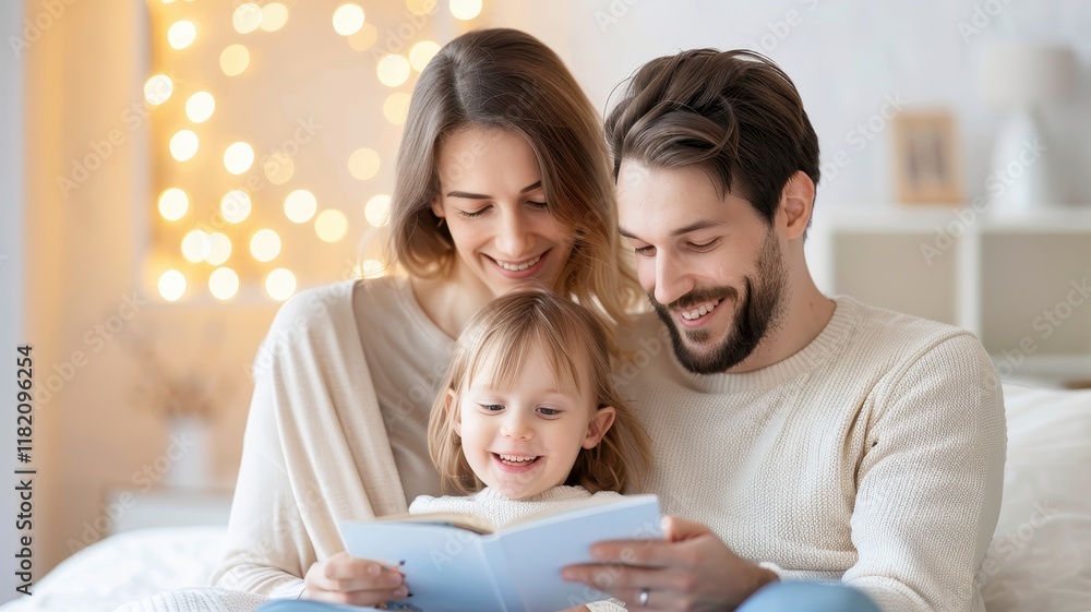 A happy family enjoys reading together, sharing smiles and warmth in a cozy, well-lit room filled with soft decor. A happy family enjoys reading together, sharing smiles and warmth in a cozy, well-lit room filled with soft decor.