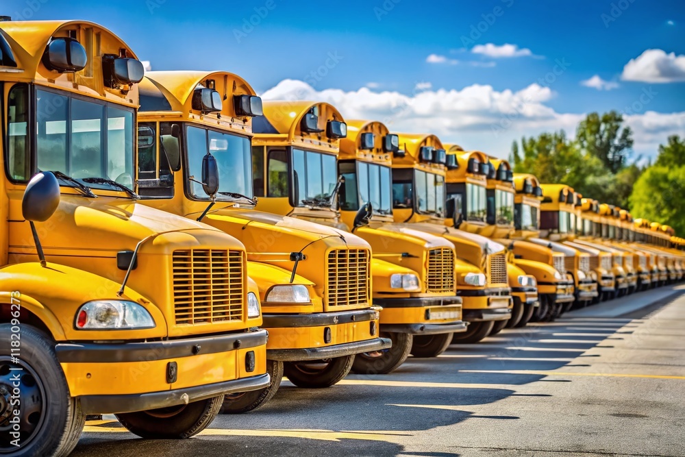 Sharp Focus: Row of Yellow School Buses Parked in a Line