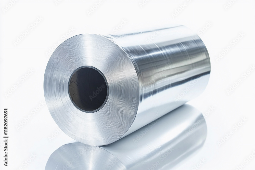 Roll of shiny aluminum foil with reflective surface