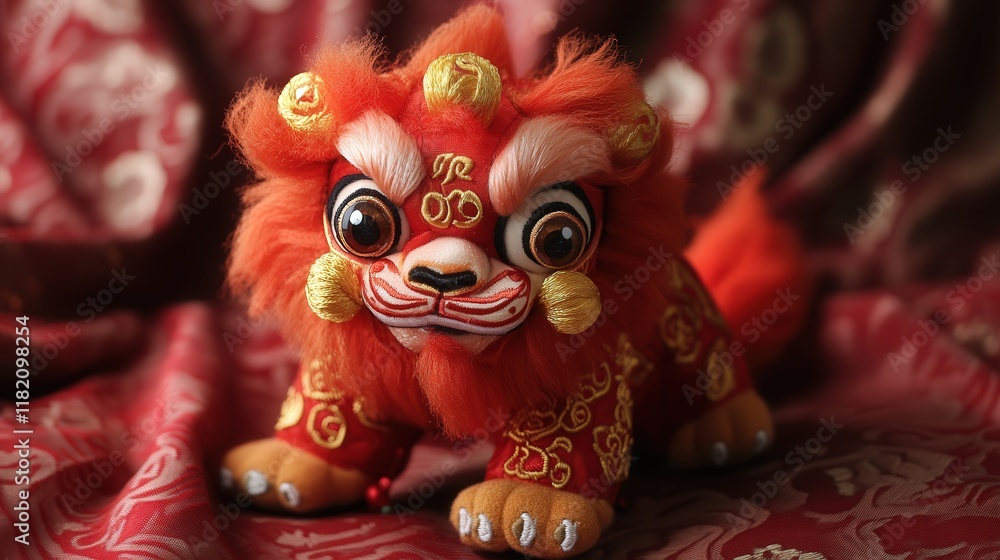 Chinese New Year toy lion with embroidered eyes and golden accents, symbolizing strength and courage Chinese New Year toy lion with embroidered eyes and golden accents, symbolizing strength and courage
