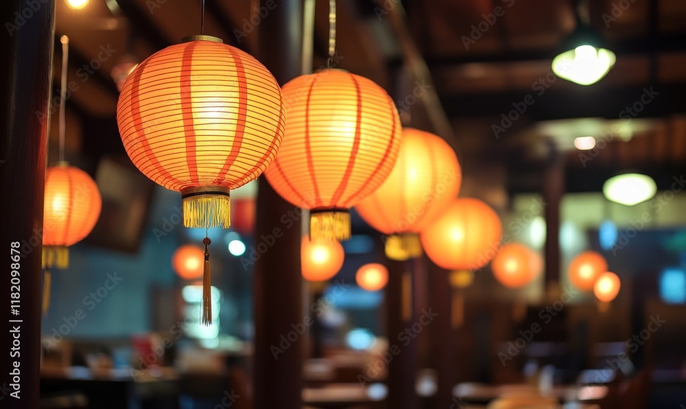 Illuminated orange lanterns hang in Asian restaurant Illuminated orange lanterns hang in Asian restaurant