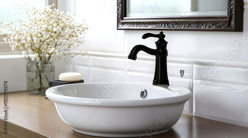 Modern Black Faucet and White Ceramic Sink in Elegant Bathroom Design photo