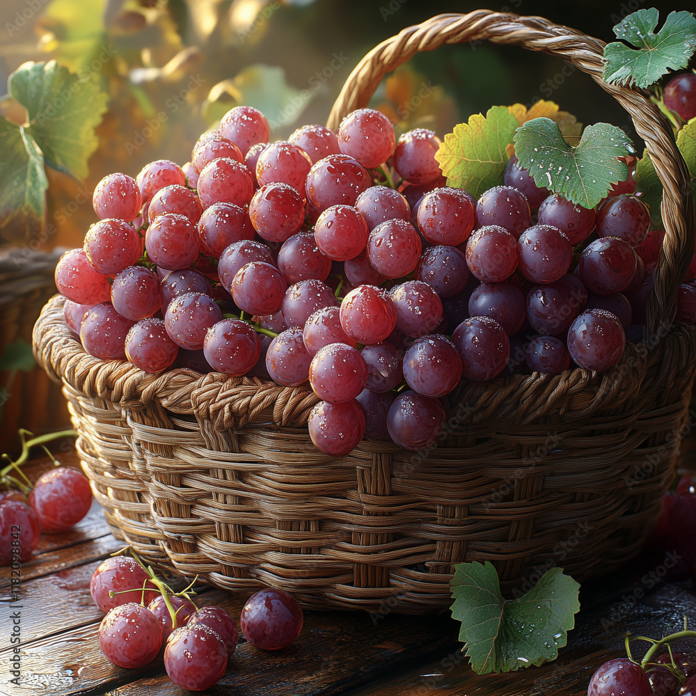 A close-up of a basket overflowing with ripe grapes, detailed textures of the fruit and the woven basket illuminated by soft golden hour light, with dewdrops glistening on the grape skins A close-up of a basket overflowing with ripe grapes, detailed textures of the fruit and the woven basket illuminated by soft golden hour light, with dewdrops glistening on the grape skins
