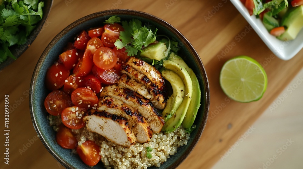A colorful bowl featuring grilled chicken, quinoa, cherry tomatoes, avocado, and lime. A colorful bowl featuring grilled chicken, quinoa, cherry tomatoes, avocado, and lime.