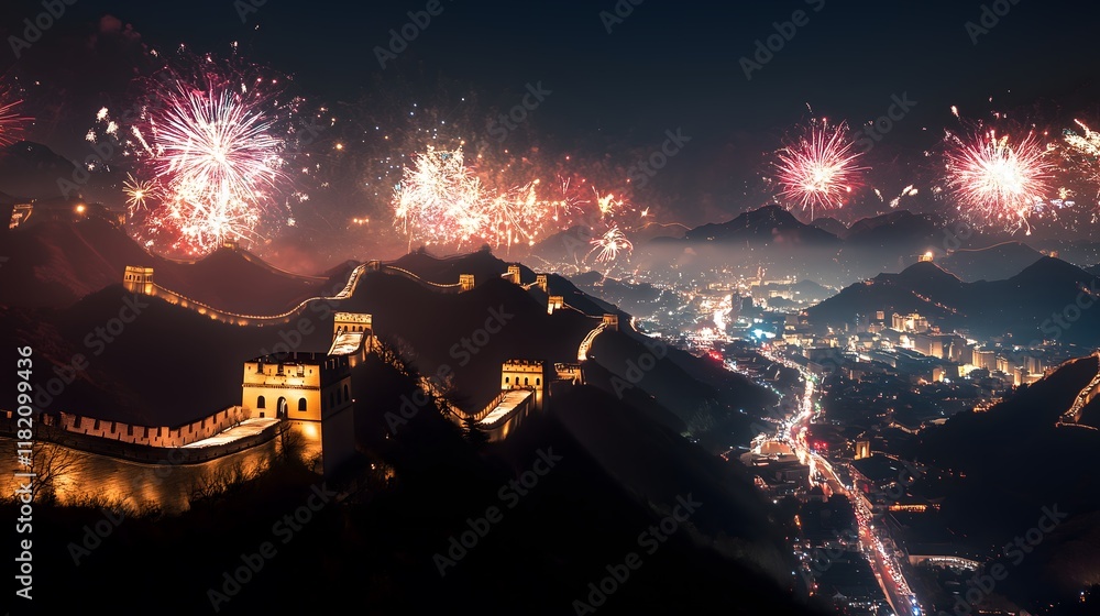 Fototapeta premium Great wall night fireworks festivity
