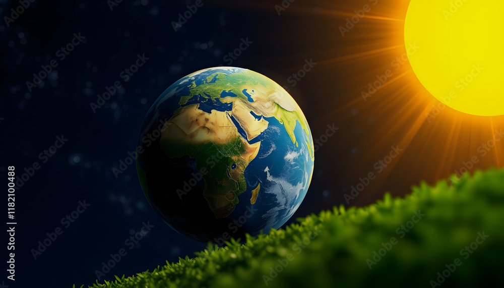 Fototapeta premium Illustration of the greenhouse effect with the earth and the sun, the background the slightly blurred night sky, angled photoshot, with white tones
