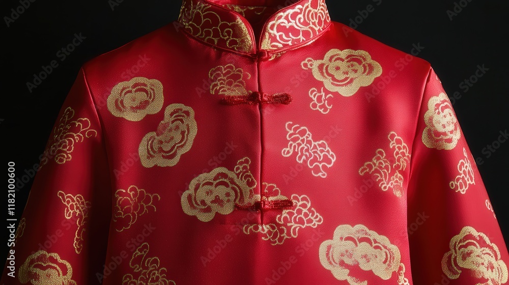 child red cheongsam with playful gold cloud patterns. child red cheongsam with playful gold cloud patterns.