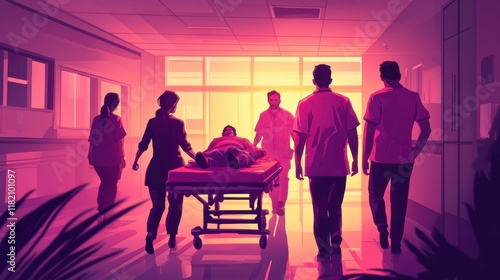 Medical staff transporting a patient on a stretcher comic-style illustration with vibrant colors dramatic lighting emergency room background 