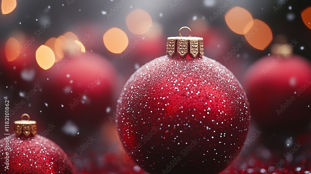 A close-up of sparkling red Christmas ornaments with a festive bokeh background and falling snow. A close-up of sparkling red Christmas ornaments with a festive bokeh background and falling snow.