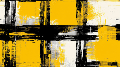 A bold modern plaid pattern in vibrant yellow, black, and white for a trendy fashion look