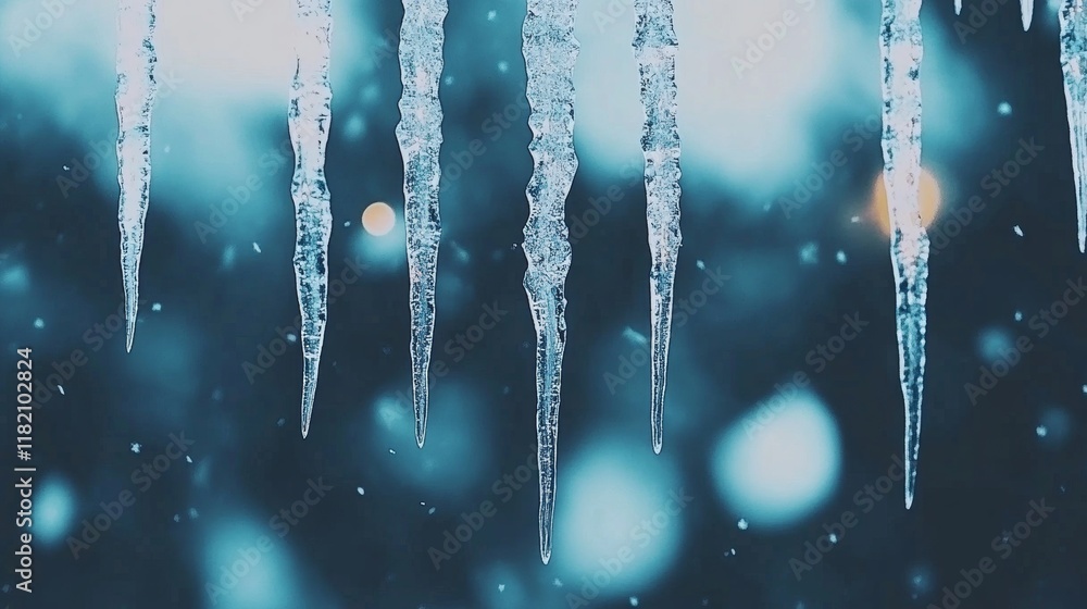 Icy Winter Scene  Five Sparkling Icicles Hanging