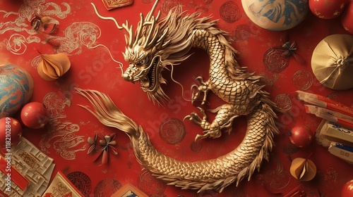 Wallpaper Mural dragon postcard with a detailed gold dragon set against a background of firecrackers and auspicious symbols. Torontodigital.ca