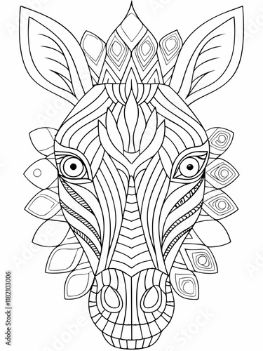 Geometric Zebra Head Mandala Coloring Page, Intricate Design, Animal Art