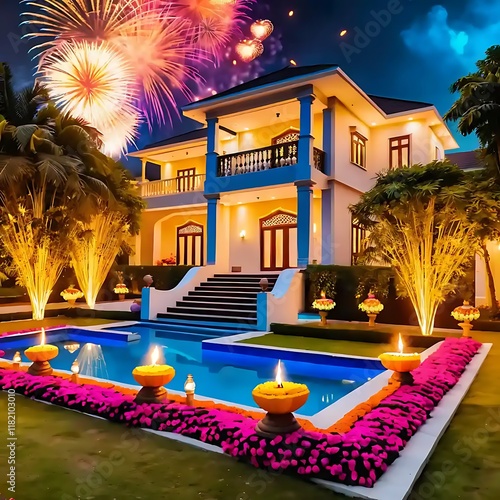 Festive Mansion Celebrates With Fireworks And Poolside Lights