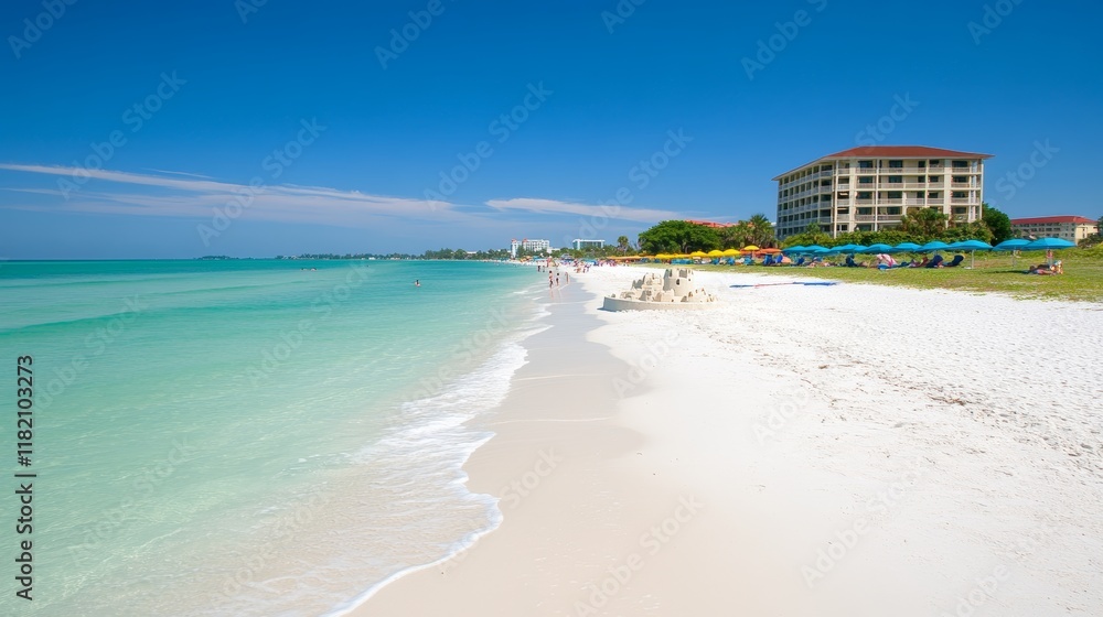 Fototapeta premium Idyllic Beach Scene with Sandcastle and Hotel