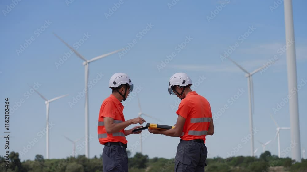 In a wind farm, two Asian inspectors are reviewing data on a tablet and clipboard to analyze system performance and blade rotation at varying wind speeds. Engineer Wind Turbine. In a wind farm, two Asian inspectors are reviewing data on a tablet and clipboard to analyze system performance and blade rotation at varying wind speeds. Engineer Wind Turbine.