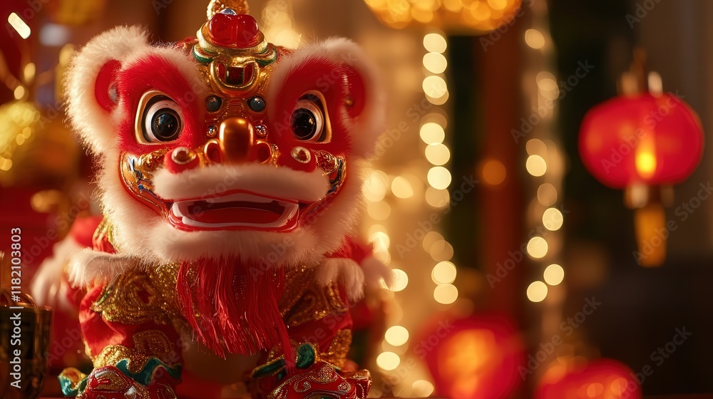 Chinese toy lion dance with bold red and gold accents, set amidst a backdrop of lanterns and festive lights Chinese toy lion dance with bold red and gold accents, set amidst a backdrop of lanterns and festive lights